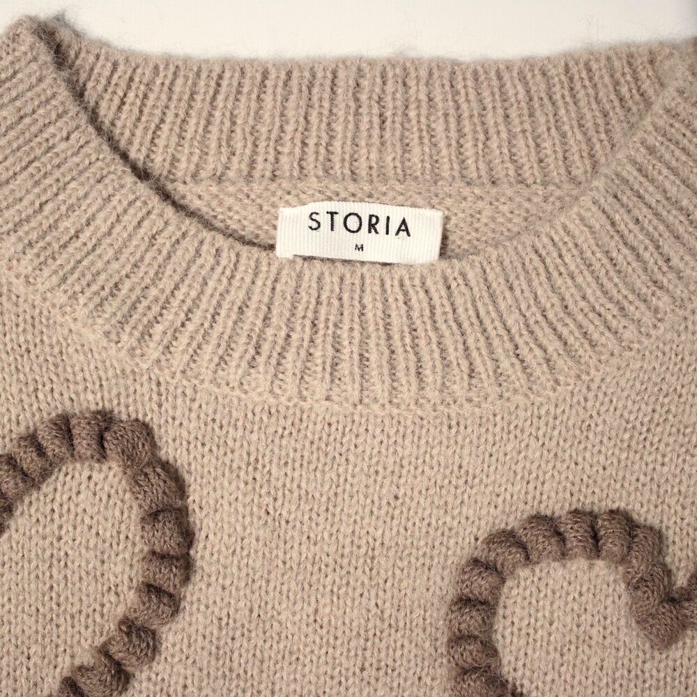 Storia Anthropologie Beige Wool Blend Short Sleeve Sweater Hearts Women Size M - Picture 7 of 10